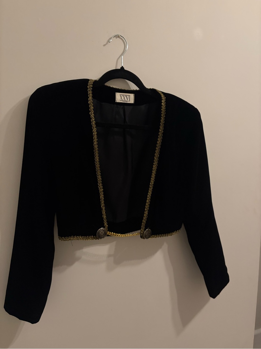 Michele Violet Black Gold Trim Cropped Blazer Size 8 Like New